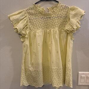 Ulla Johnson Yellow Eyelet Ruffle Baby Doll Cotton Sleeveless Blouse Size 0
